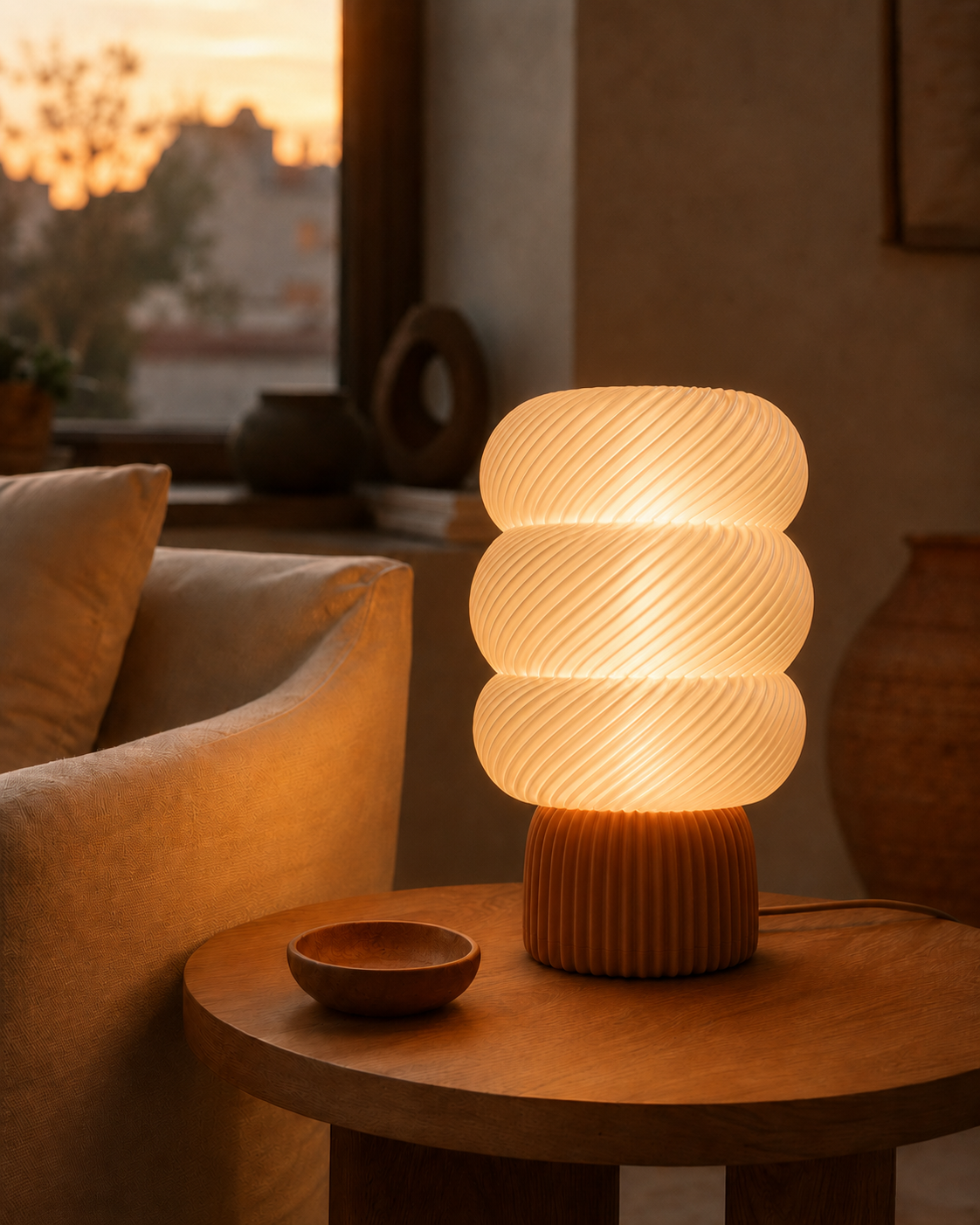 Living cálido iluminado por una lámpara SLVJE al atardecer