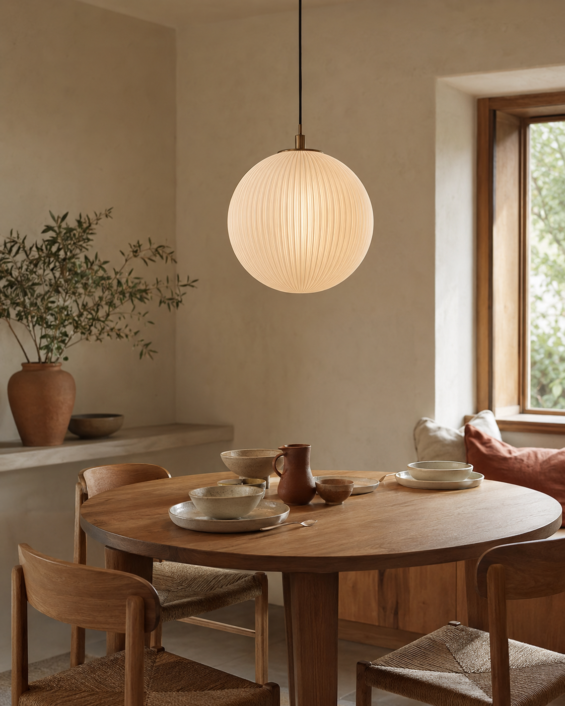 Rincón de comedor iluminado por una lámpara colgante SLVJE
