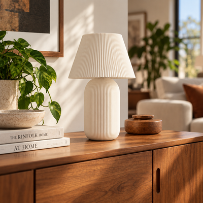Lámpara de Mesa Lira Blanco sobre mueble de madera