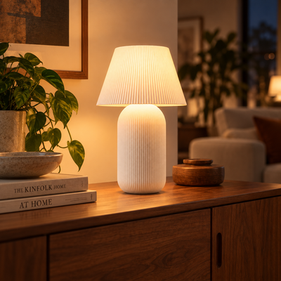 Lámpara Lira Blanco encendida en living