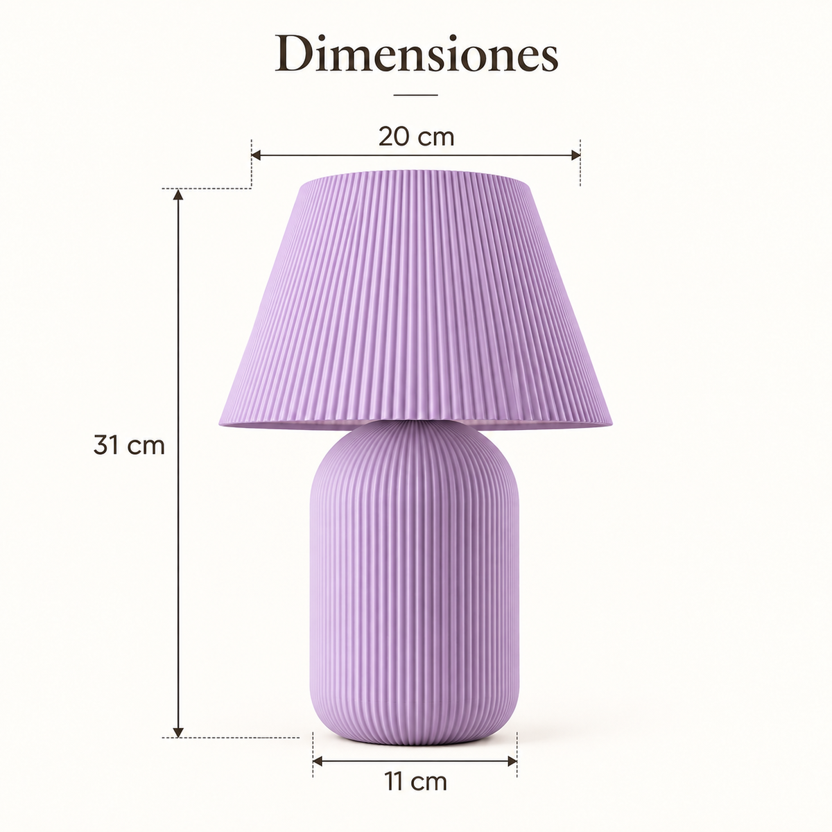 Dimensiones de Lira: alto 31 cm, pantalla 20 cm y base 11 cm